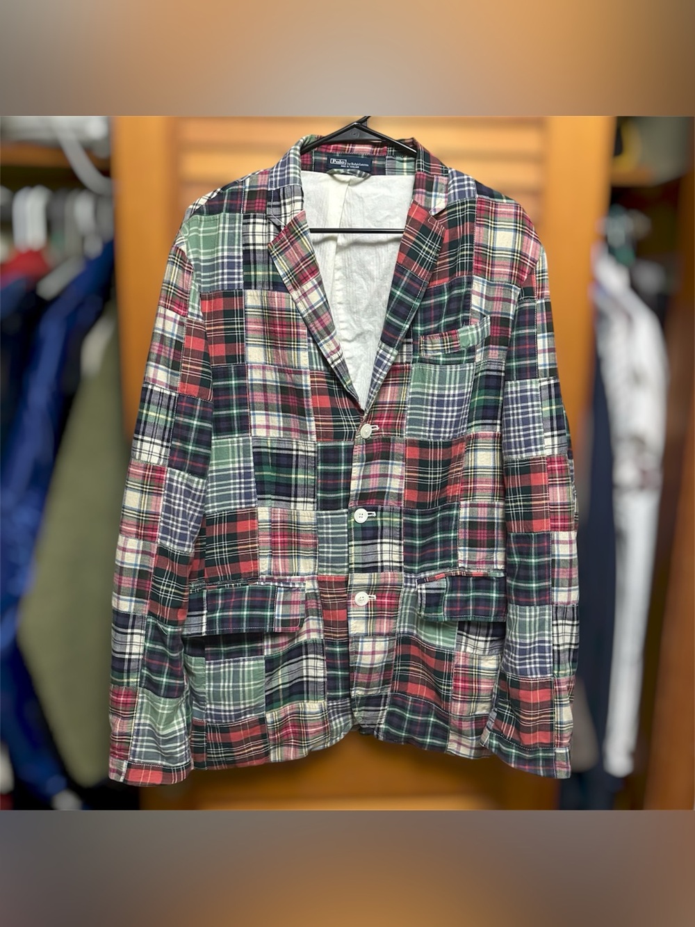 Vintage 90s Polo Ralph Lauren Madras Plaid Patchwork Blazer Sport Coat Mens 44R